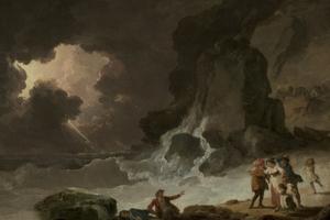Odysseus and his man sailing into a storm